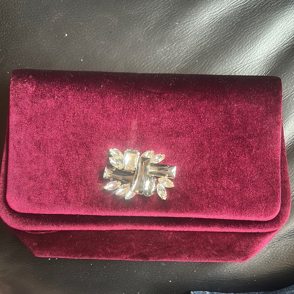 Elegant Burgundy Velvet Clutch with long chain